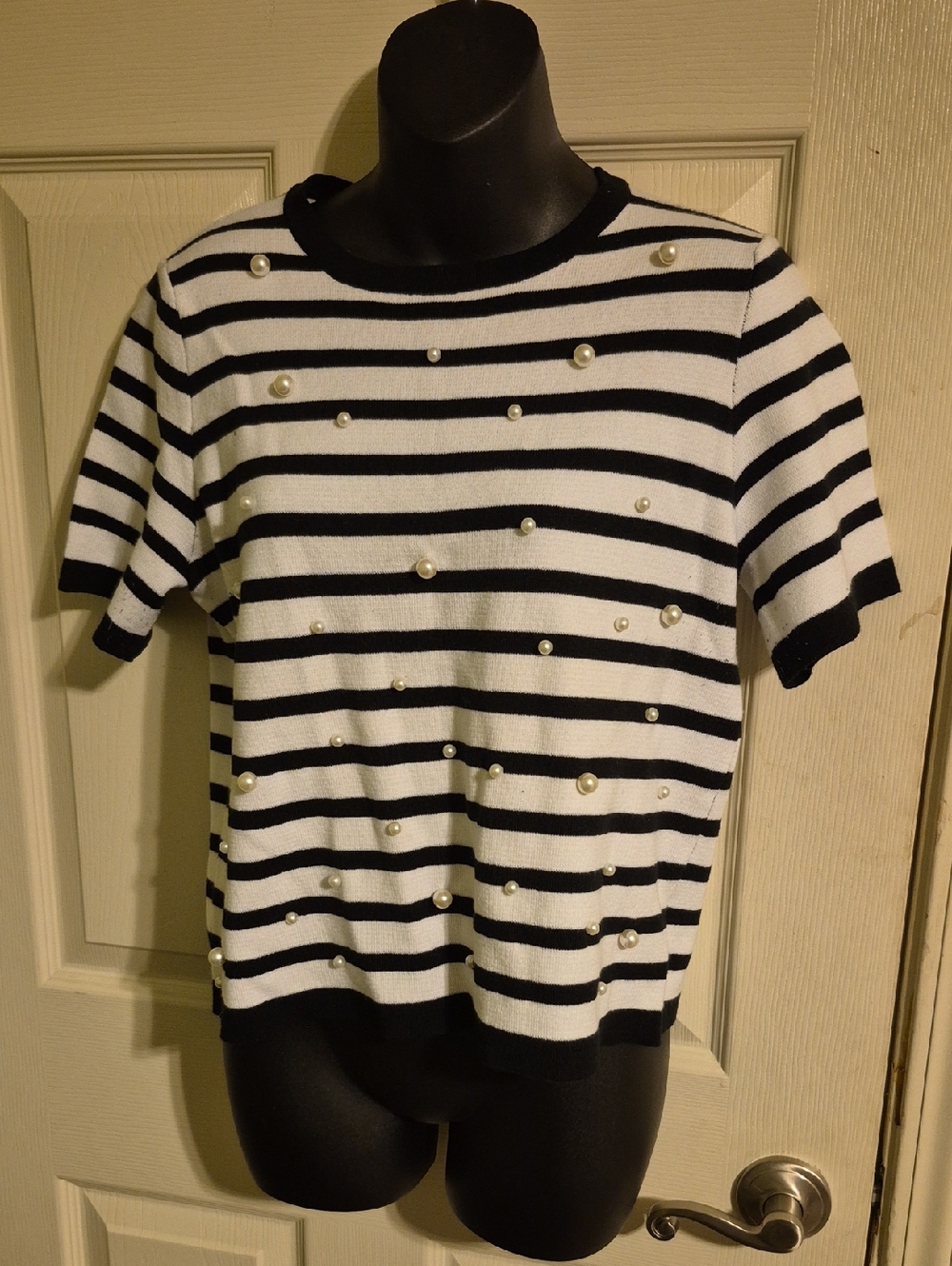 Striped Black & White Pearl-Embellished Women’s Sweater